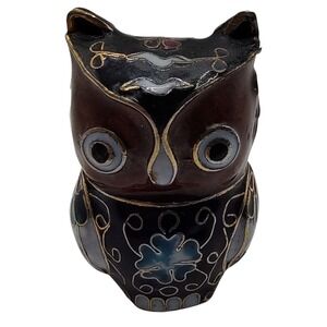 Vintage Miniature Cloisonne‎ Owl Figurine Partioned Enamel Black Brown Blue